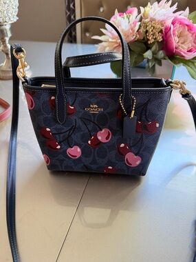 COACH Outlet Navy Cherry Print Mini Tote with Pink Accents